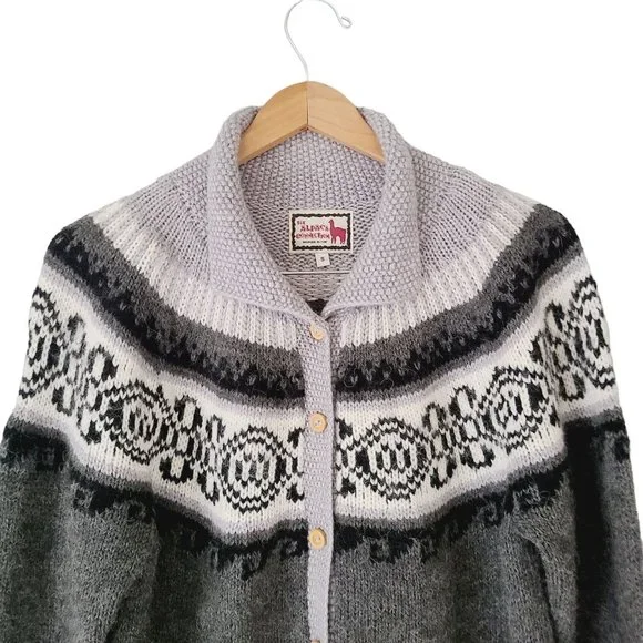 Vintage 100% Alpaca Cardigan Gray Handmade Fair Isle Size‎ Small grandpa Granny - Picture 2 of 8